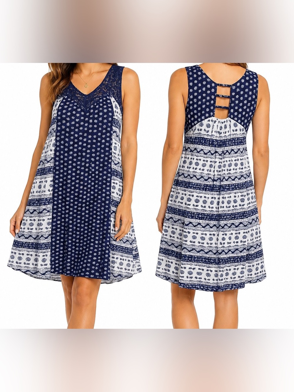 Doe & Rae Navy Blue & White Boho Swing Dress | SIZE SMALL